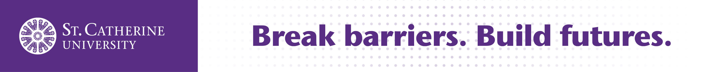 Every Student. Every Year. Purple banner with half the rose window symbol overlayed in background.